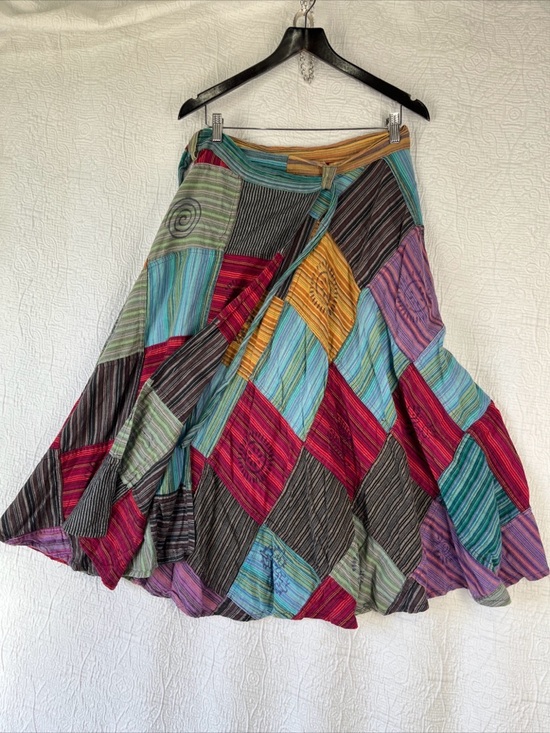 Patchwork Wrap Around Skirt Boho Hippie 100 Cotton Maxi Skirts One Size Nepal OS - Picture 15 of 16